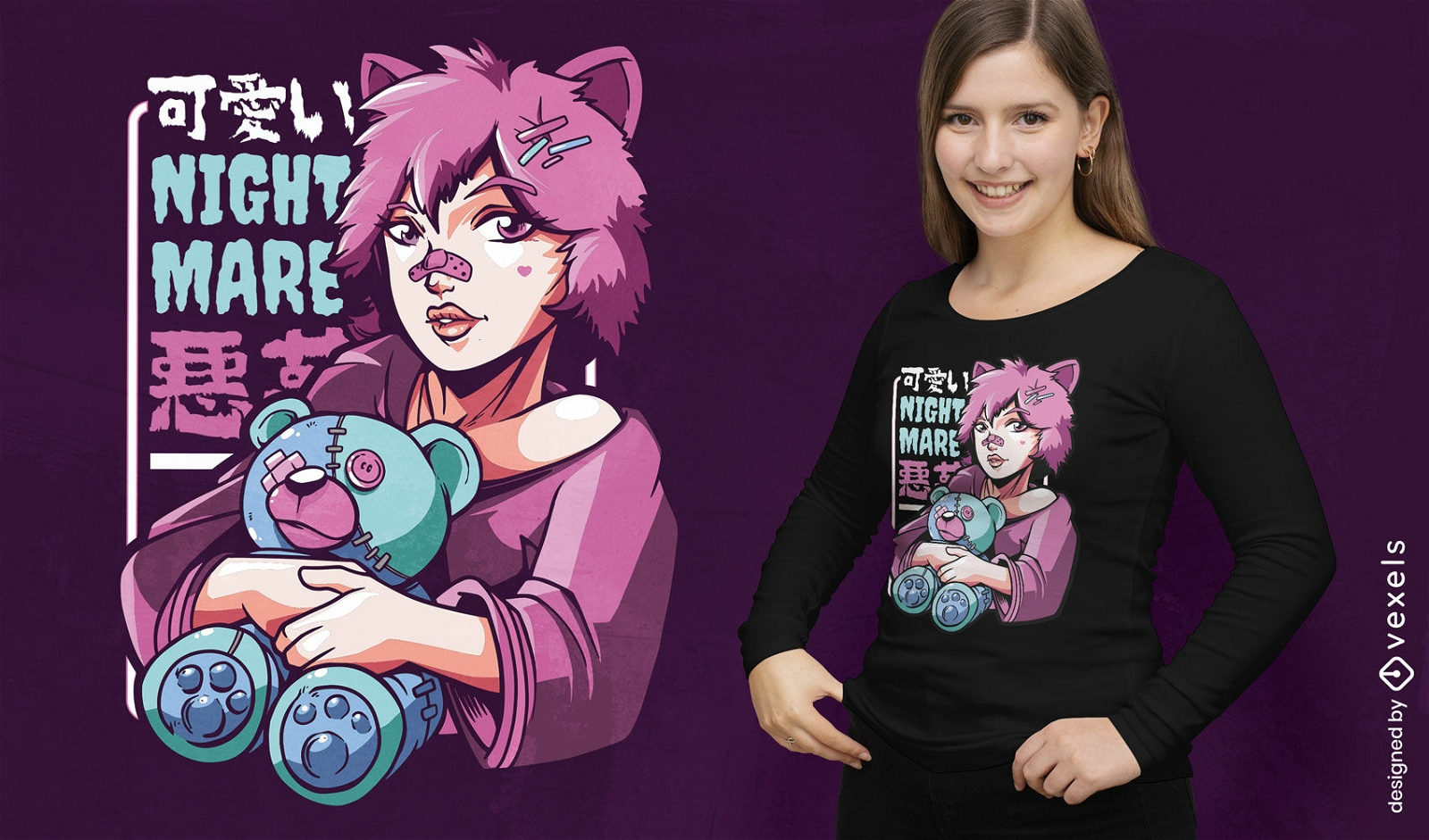 Anime-Mädchen mit Teddybär-T-Shirt-Design