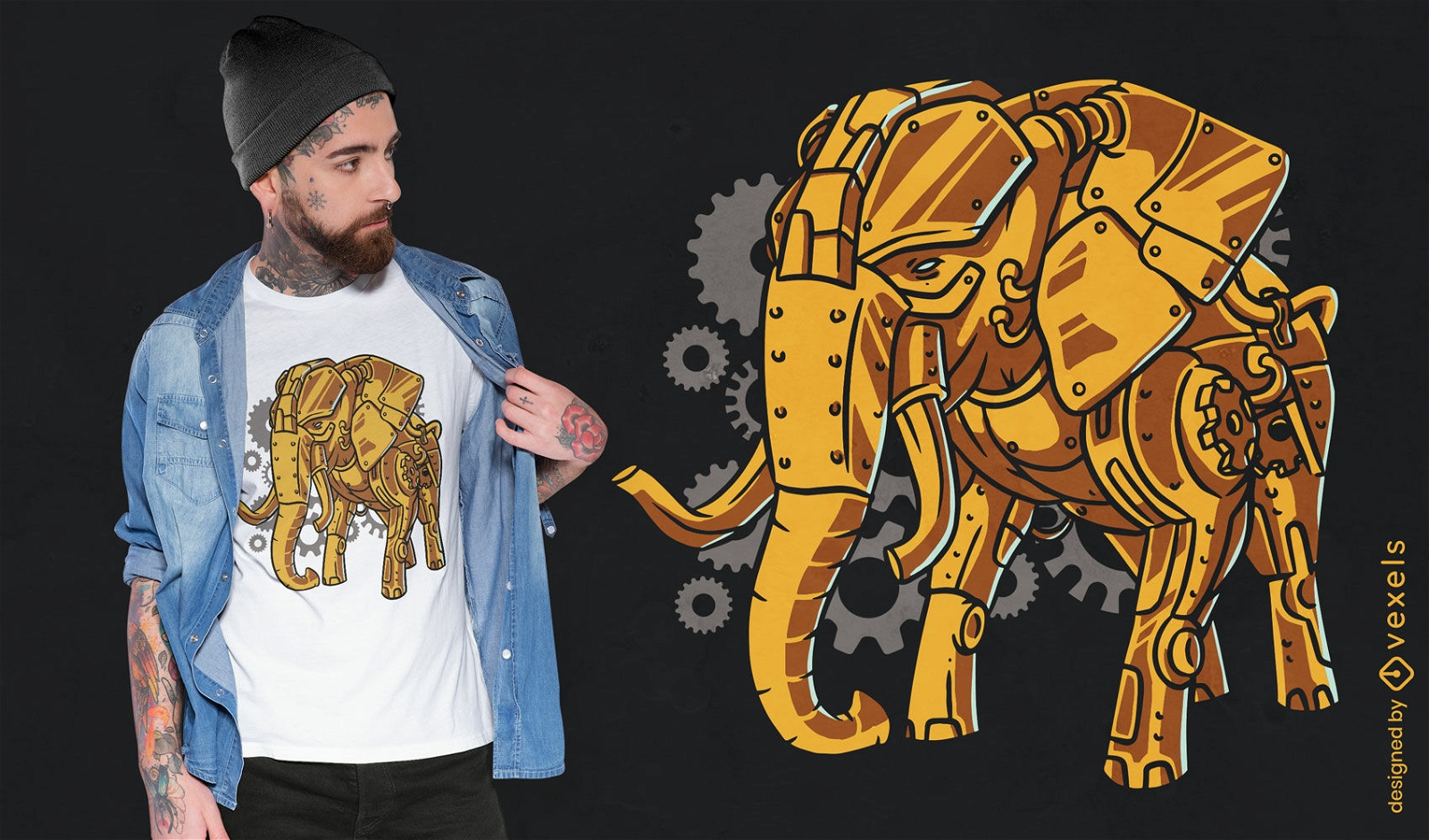 Diseño mecánico de camiseta de elefante steampunk.