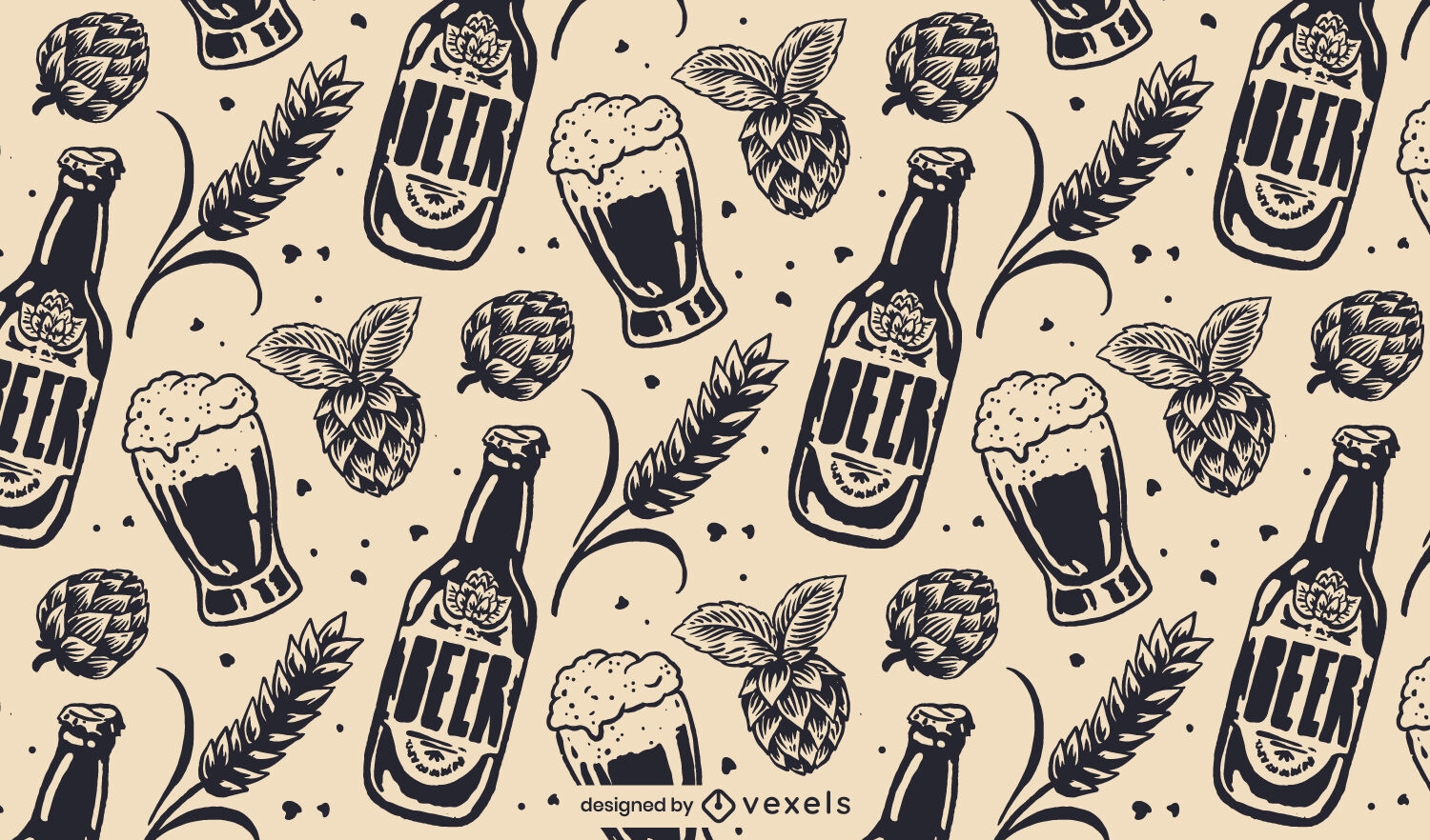 Diseño de patrón de botellas de cerveza y lúpulo