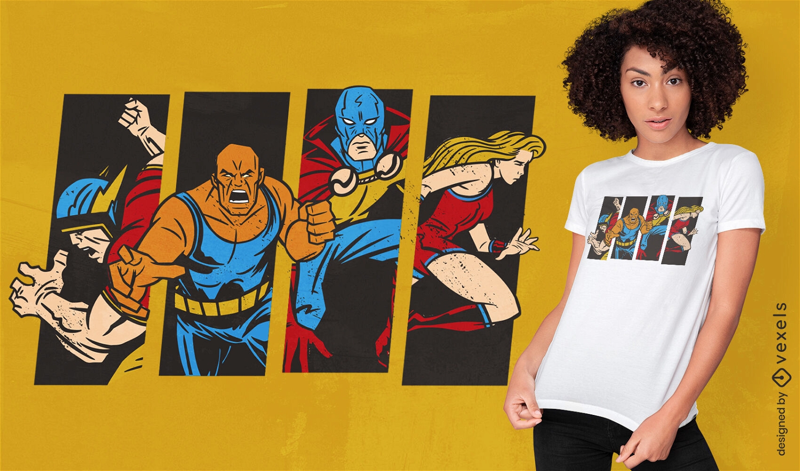 Design de camiseta de desenho animado de equipe de super-heróis