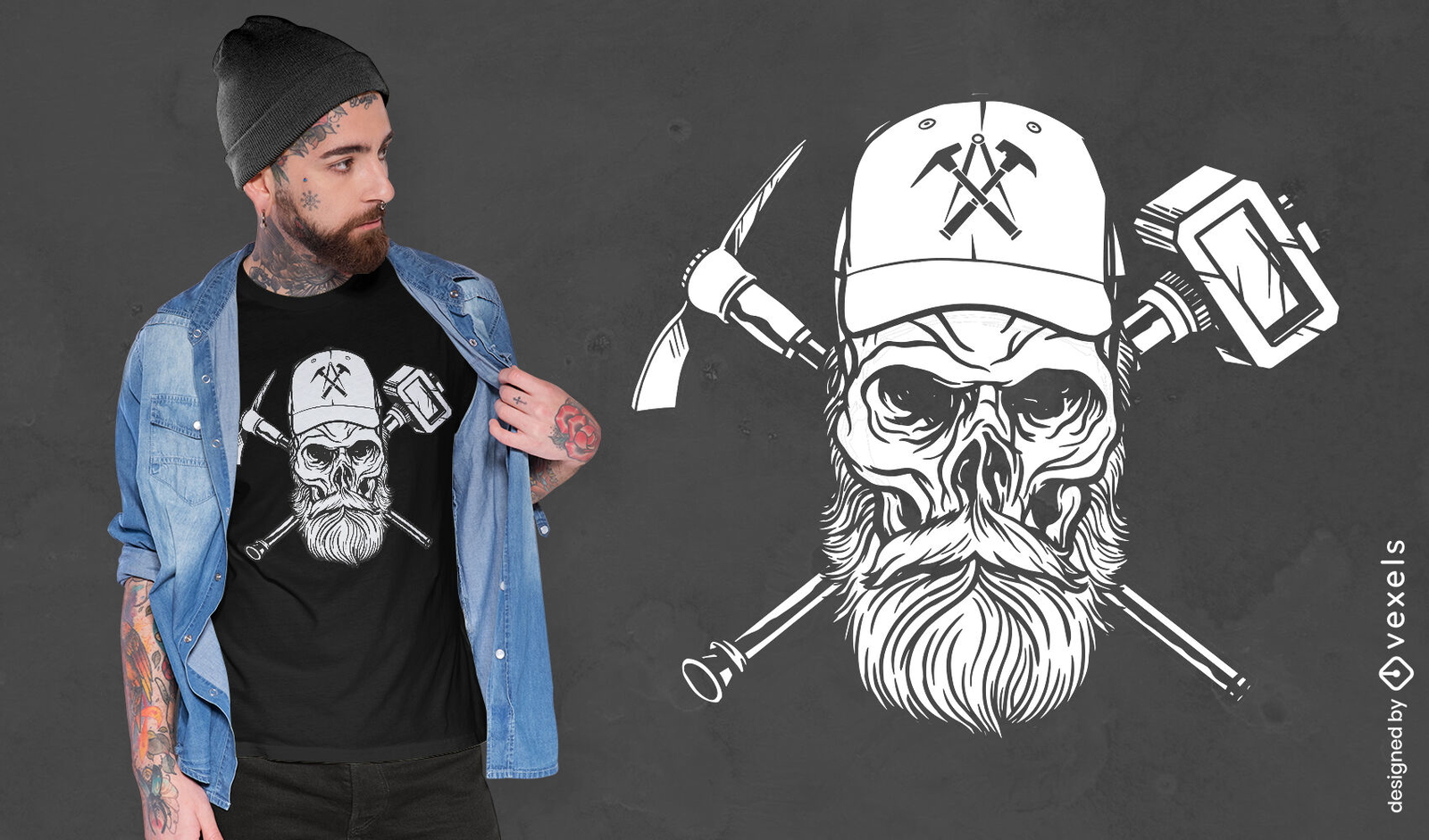 Diseño de camiseta de calavera con barba y sombrero