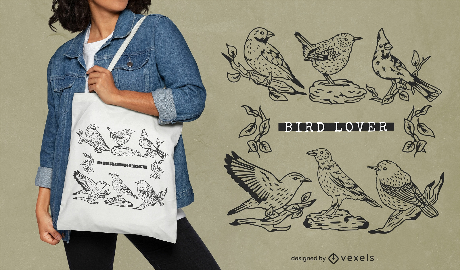 Dise?o de bolso de mano con arte lineal para amantes de las aves