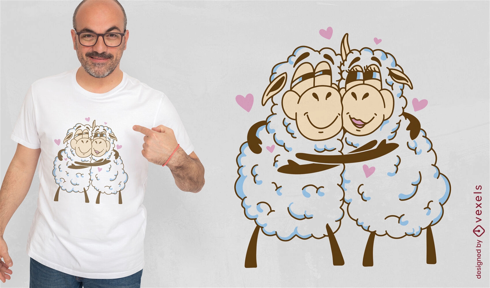 Animais de ovelhas de desenho animado abraçando design de camiseta