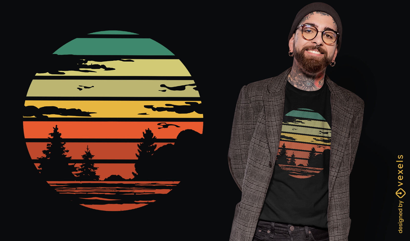 Design de camiseta de silhueta de floresta retrô pôr do sol