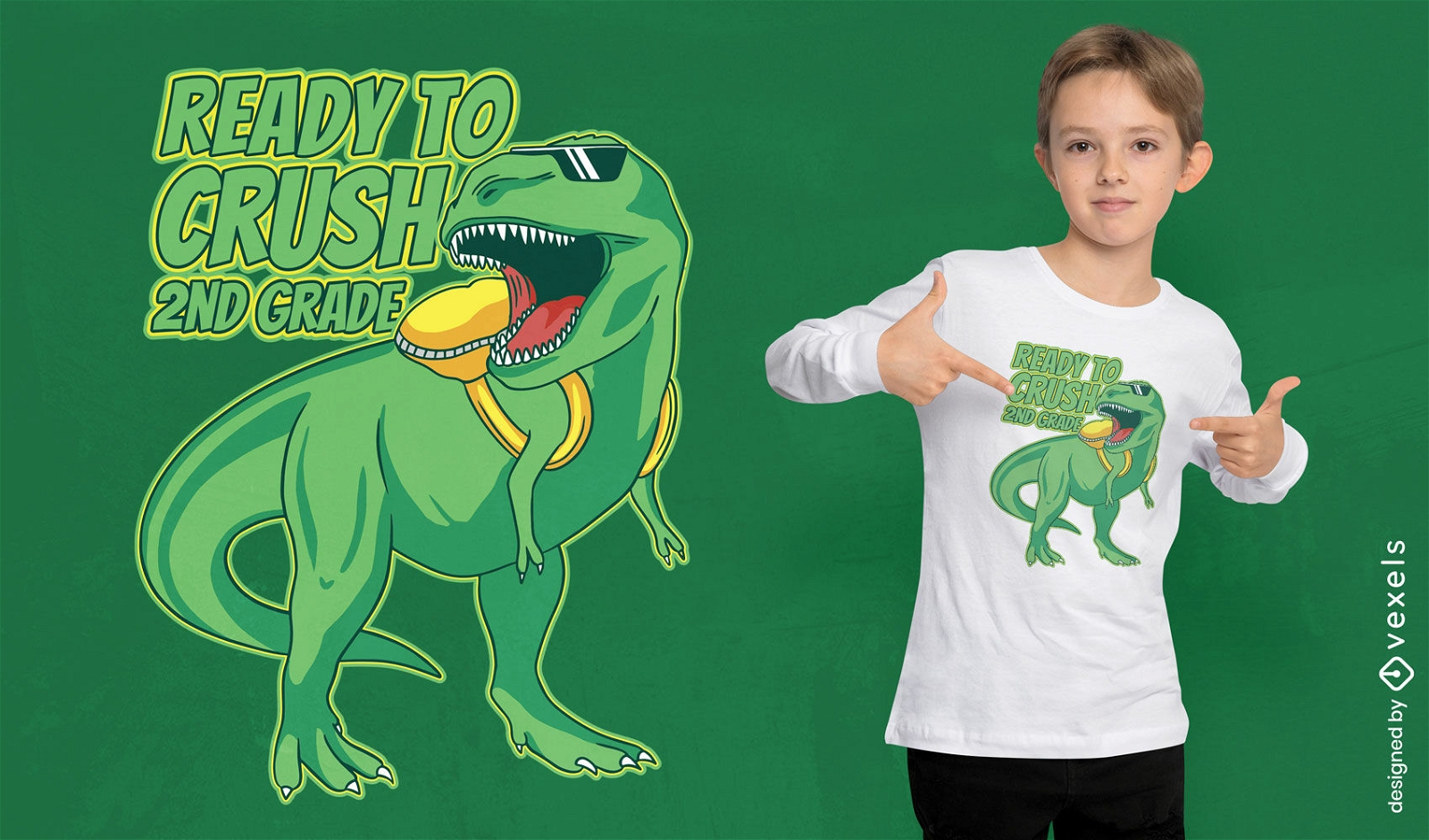 Diseño de camiseta de dinosaurio T-rex con mochila.