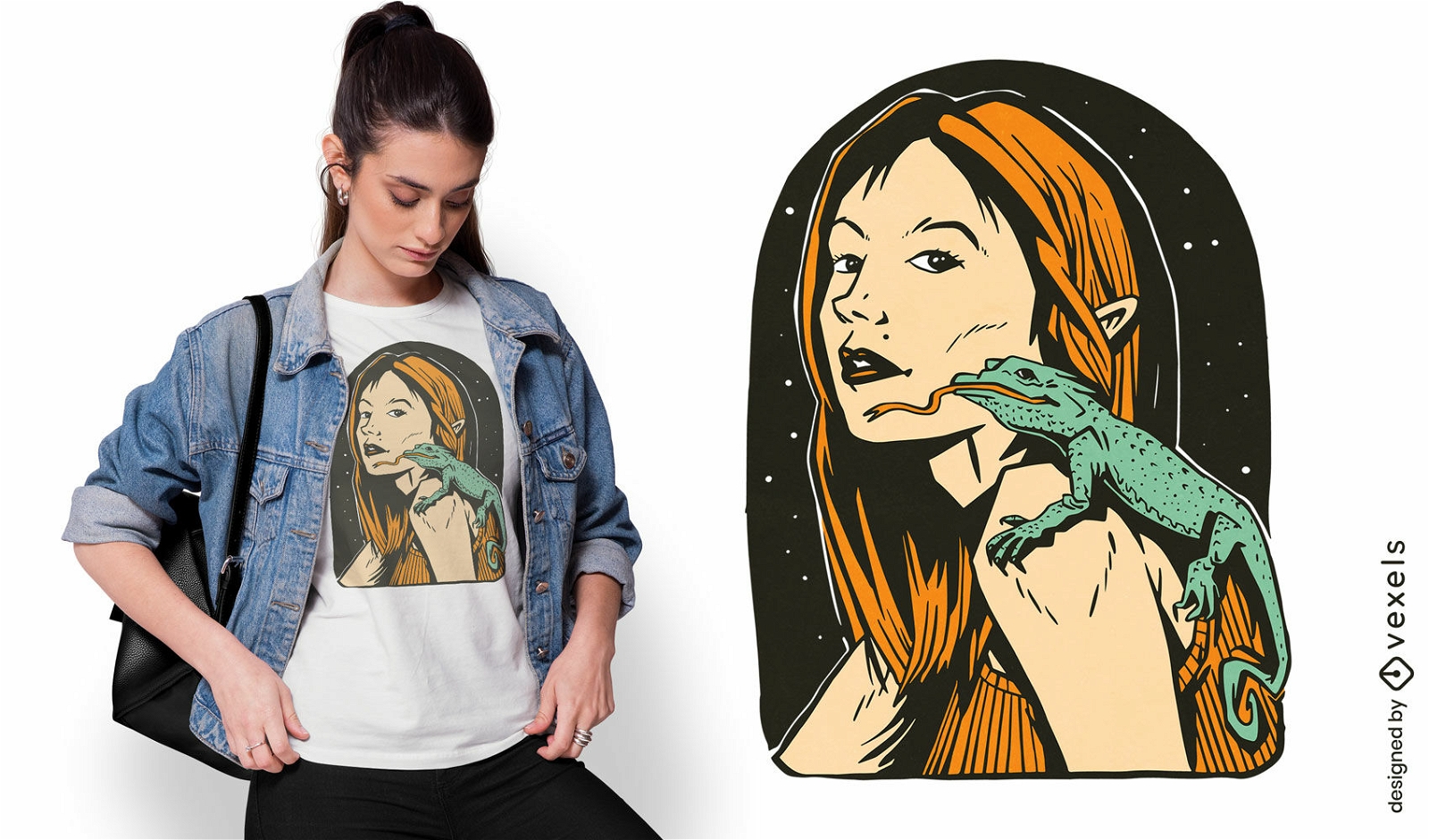 Mulher com design de camiseta animal iguana