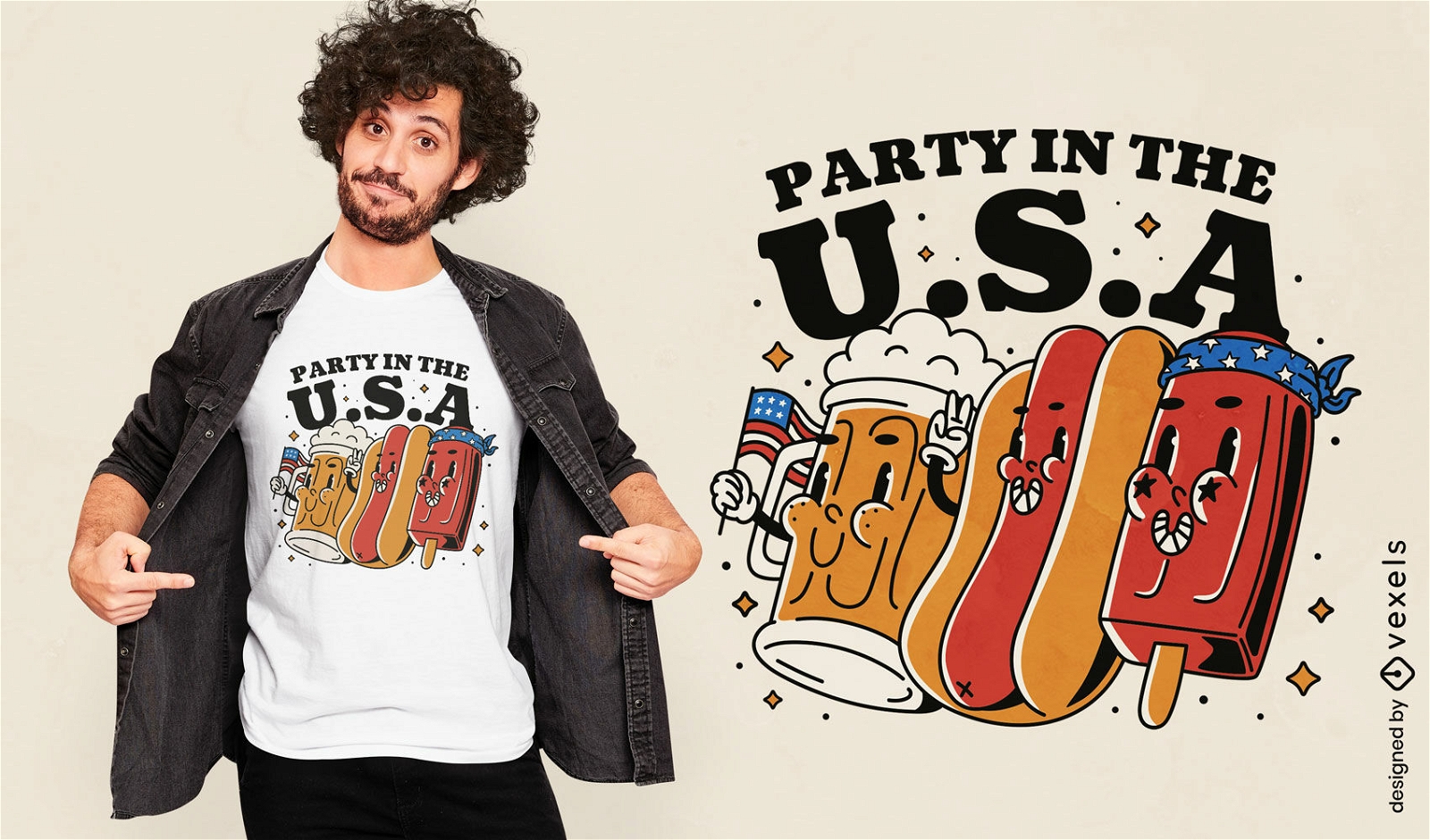 Diseño de camiseta de hot dog y cerveza el 4 de julio.