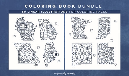 Mandala USA states coloring book design pages