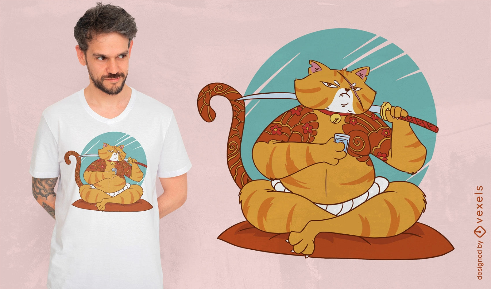 Animal de gato Yakuza com design de t-shirt de espada