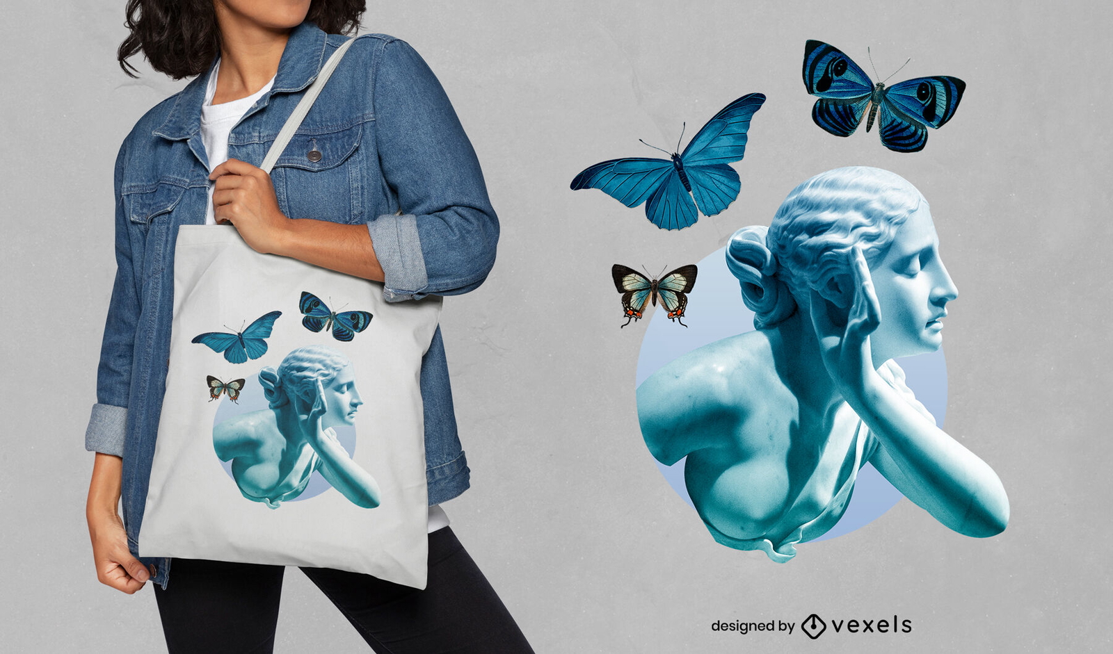 Diseño de bolso tote estatua silenciosa y mariposas