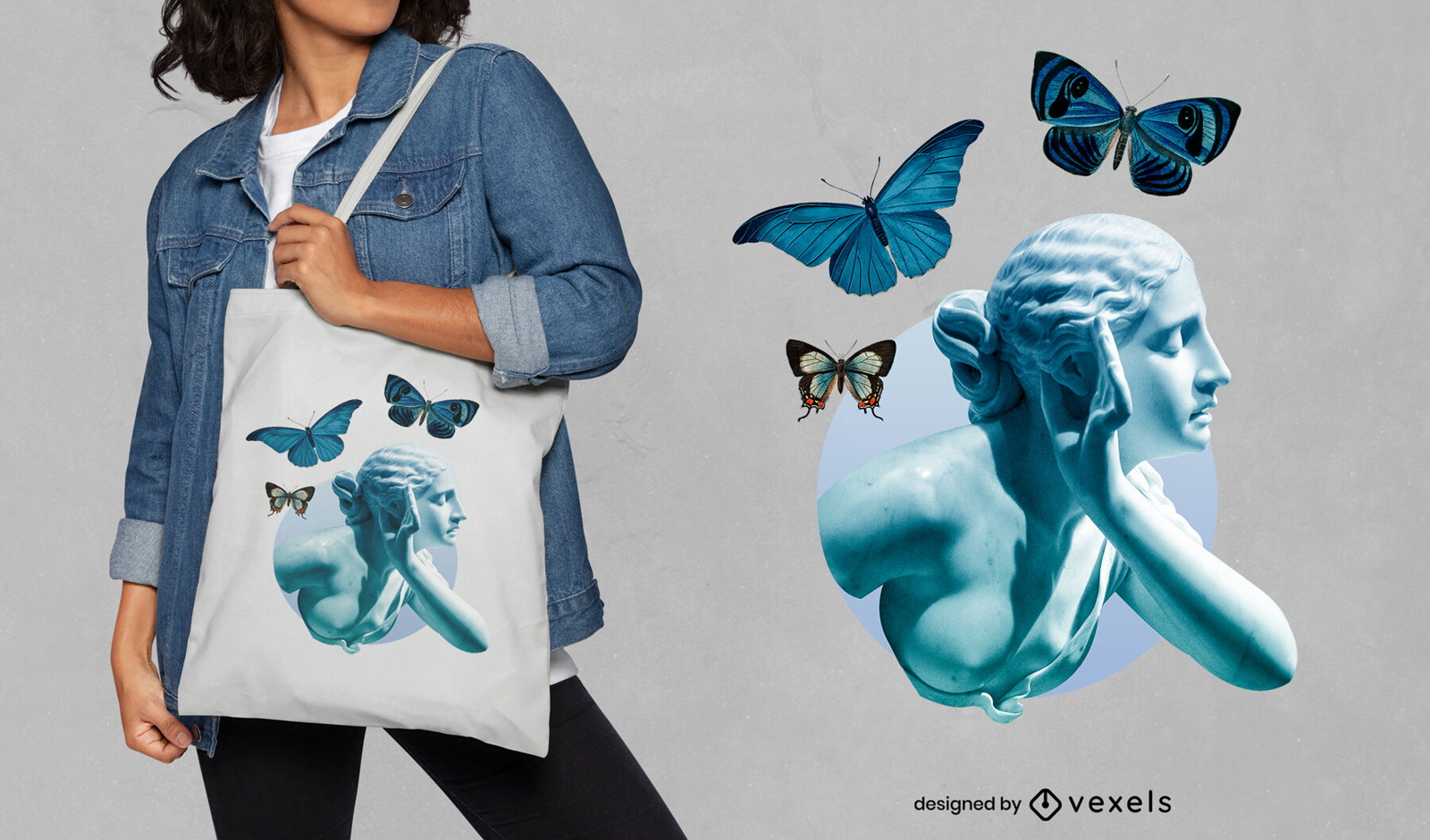 Silent statue and butterflies tote bag design