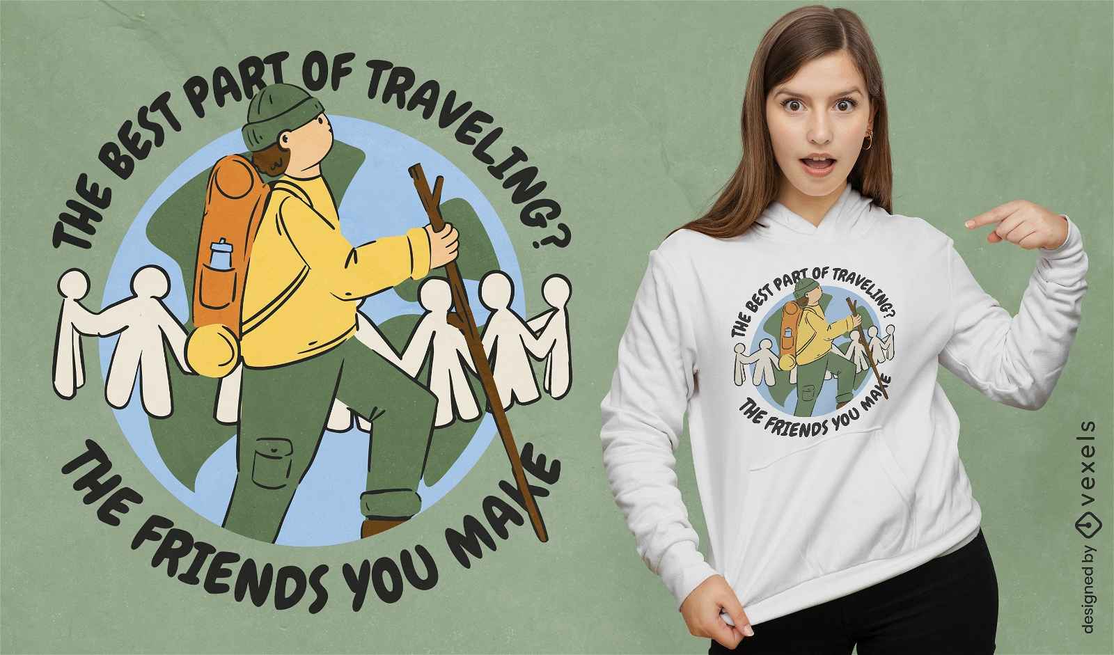 Man hiking over planet earth t-shirt design