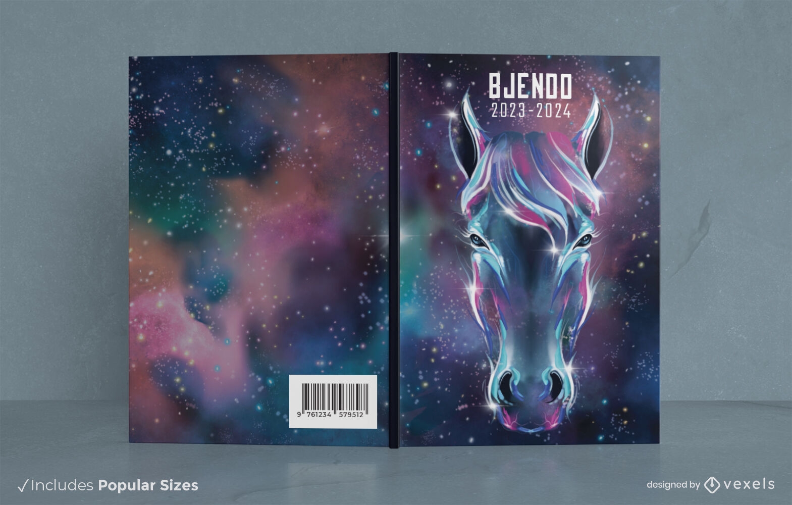 Galáxia com design de capa de livro de cabeça de animal de cavalo