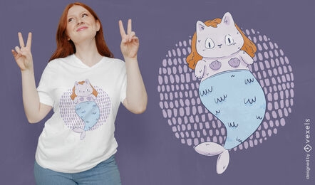 Diseño de camiseta de dibujos animados de gato animal sirena