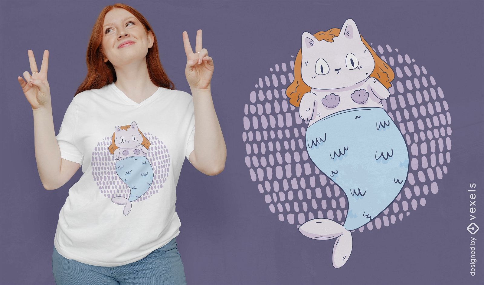 Design de camiseta de desenho animado de gato animal sereia