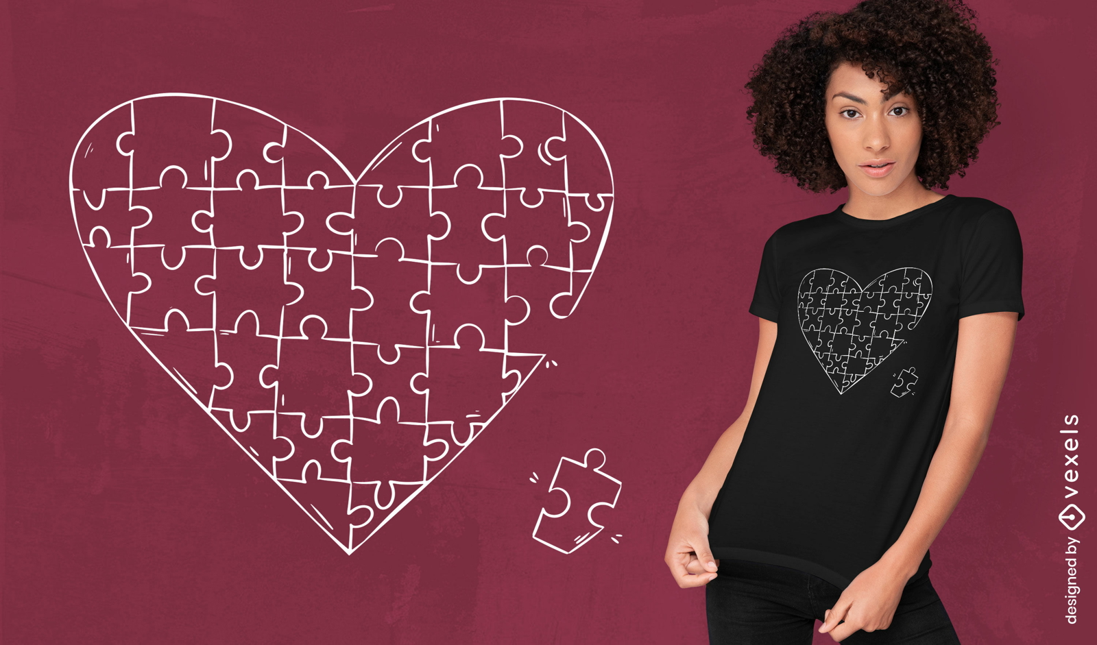 Design de camiseta romântica de coração de quebra-cabeça