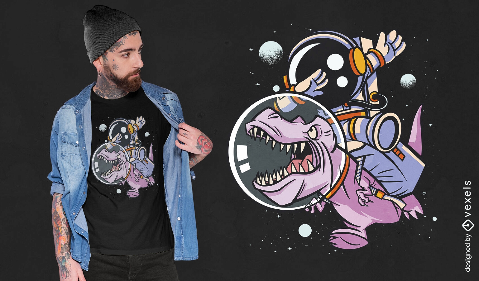 Astronauta pintando design de camiseta t-rex