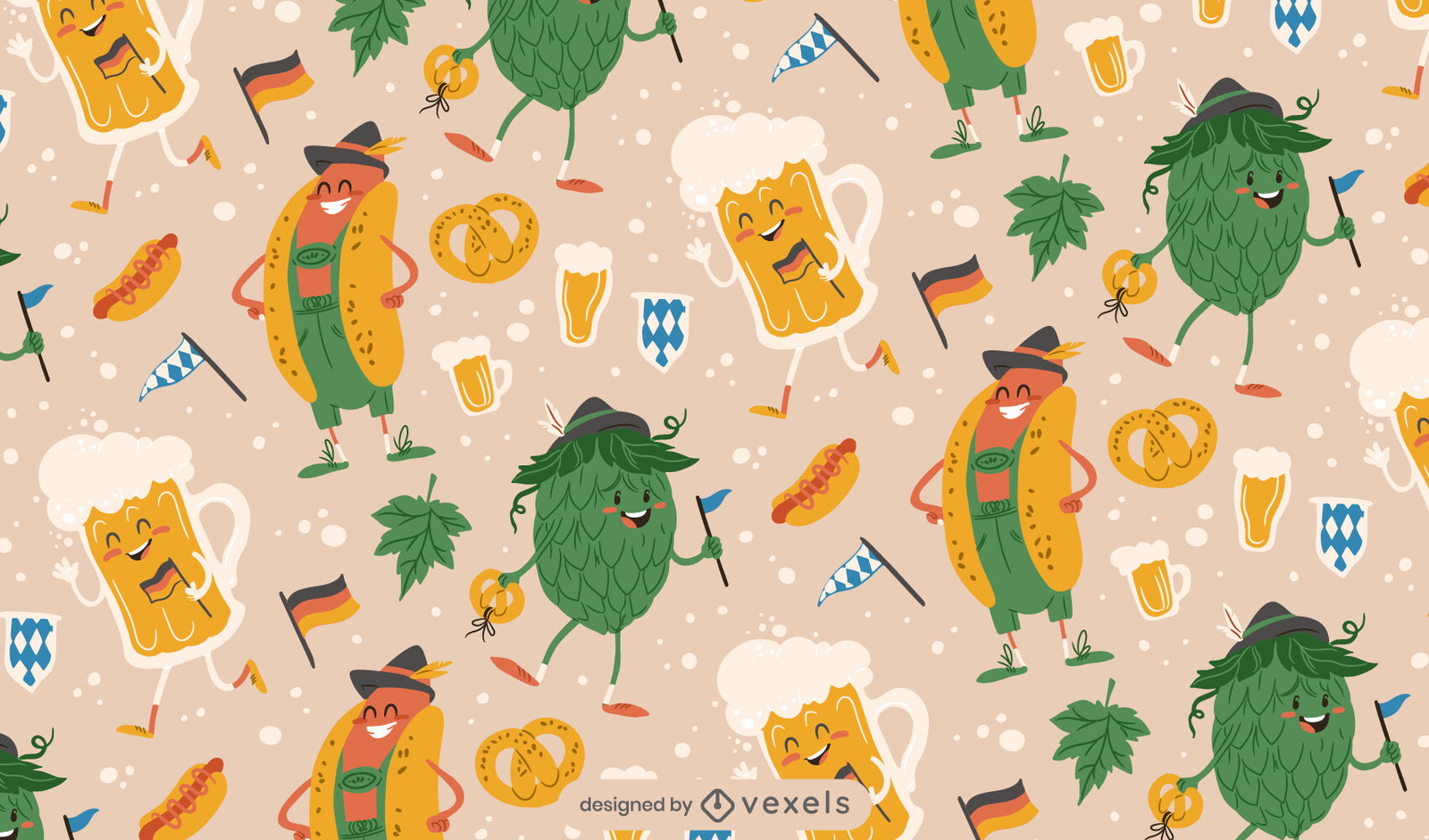 Diseño de patrón de personajes de dibujos animados de Oktoberfest