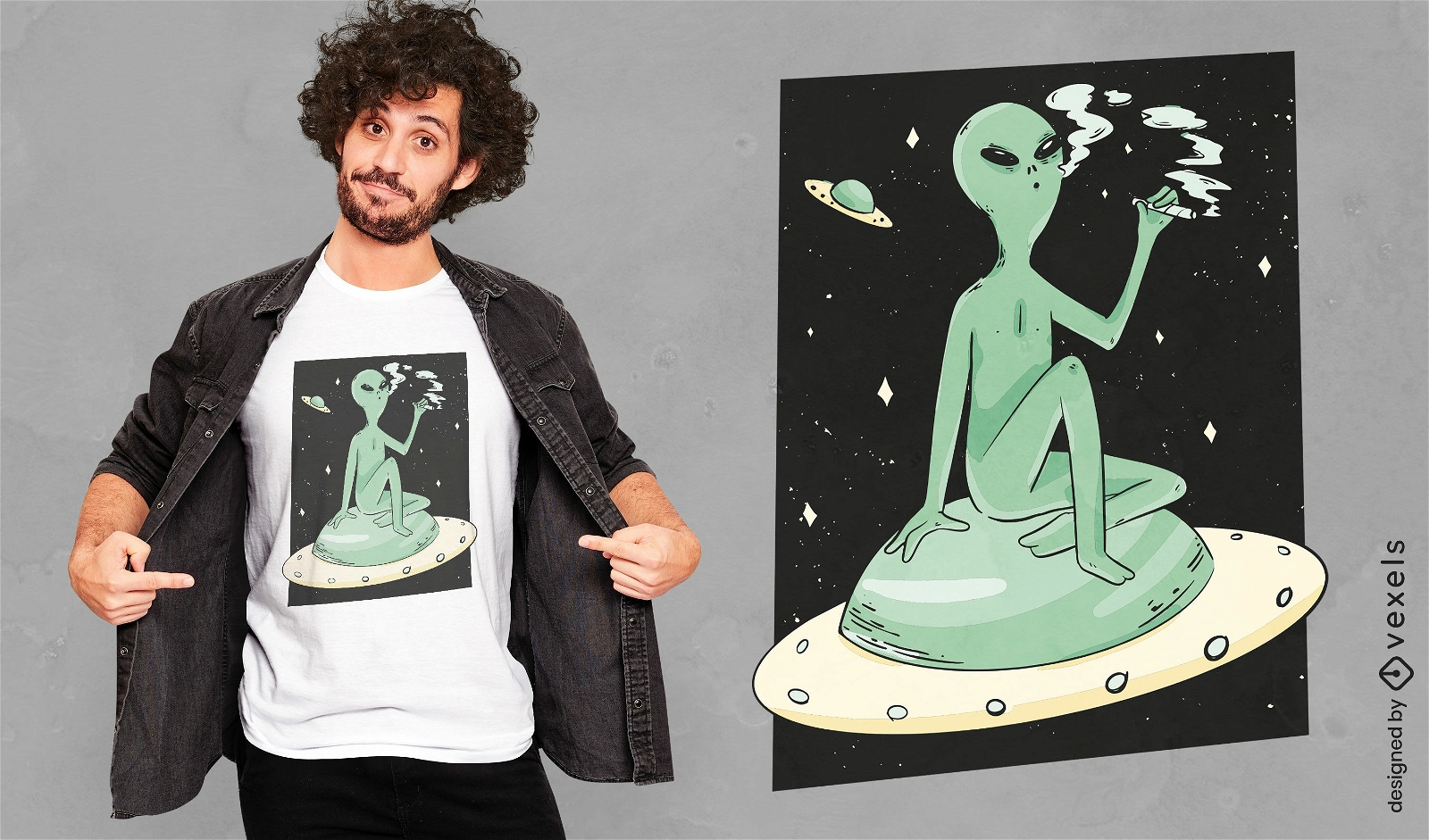 Alien fumando no design de camiseta espacial