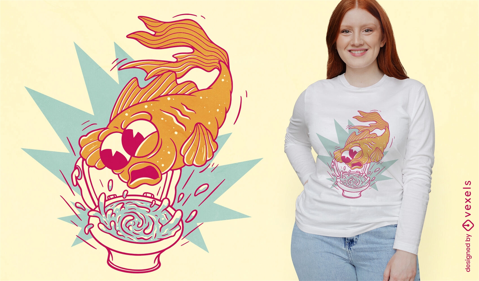 Peixe dourado de desenho animado em design de camiseta de banheiro