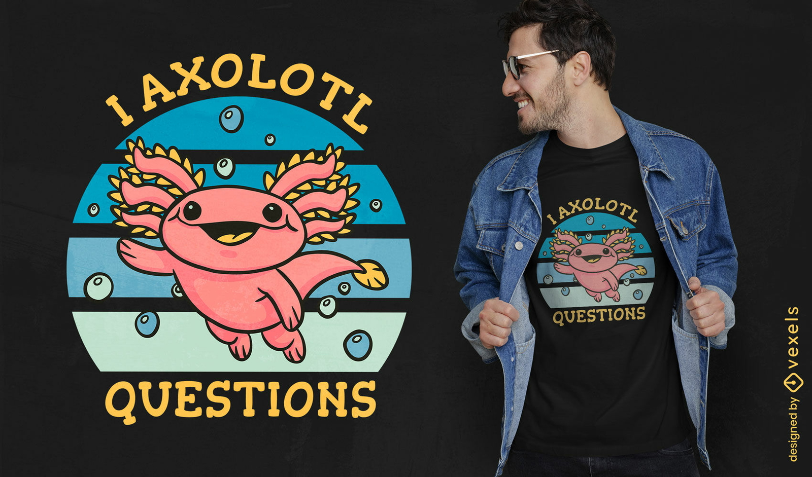 Axolotl em design de camiseta retrô por do sol