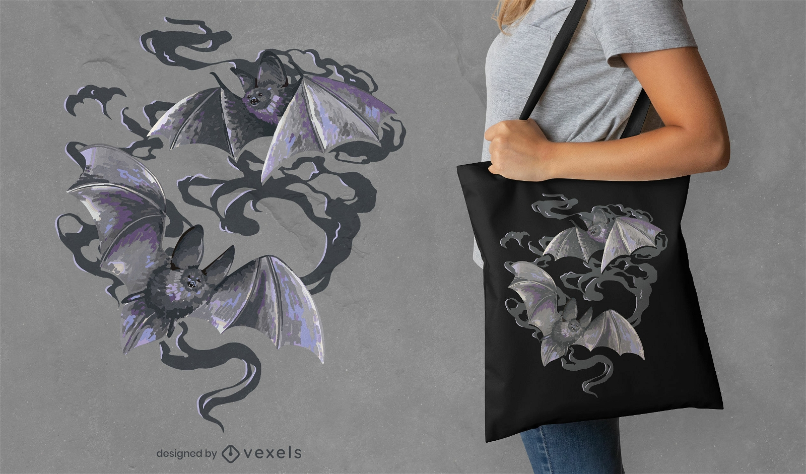 Diseño de bolso tote de murciélagos y humo.