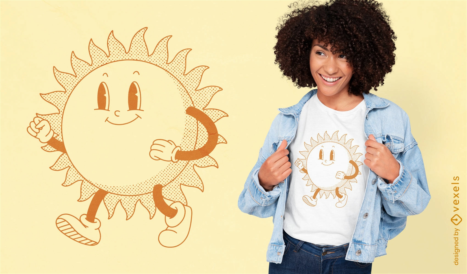 Design de camiseta de desenho animado retrô de sol ambulante