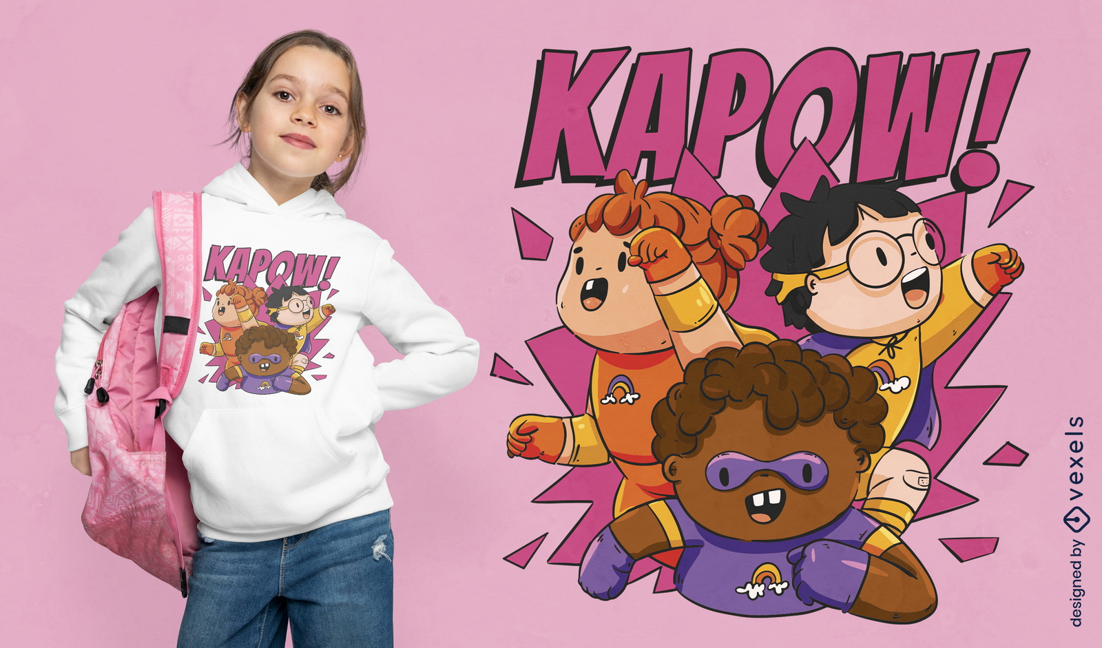 Diseño de camiseta de dibujos animados de niños superhéroes