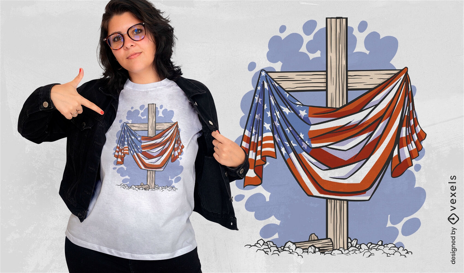 Diseño de camiseta con cruz de madera y bandera de EE. UU.