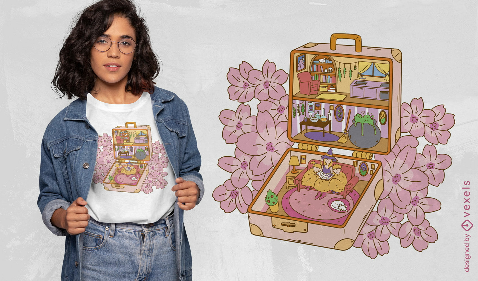 Pequeña casa de brujas en diseño de camiseta de maleta