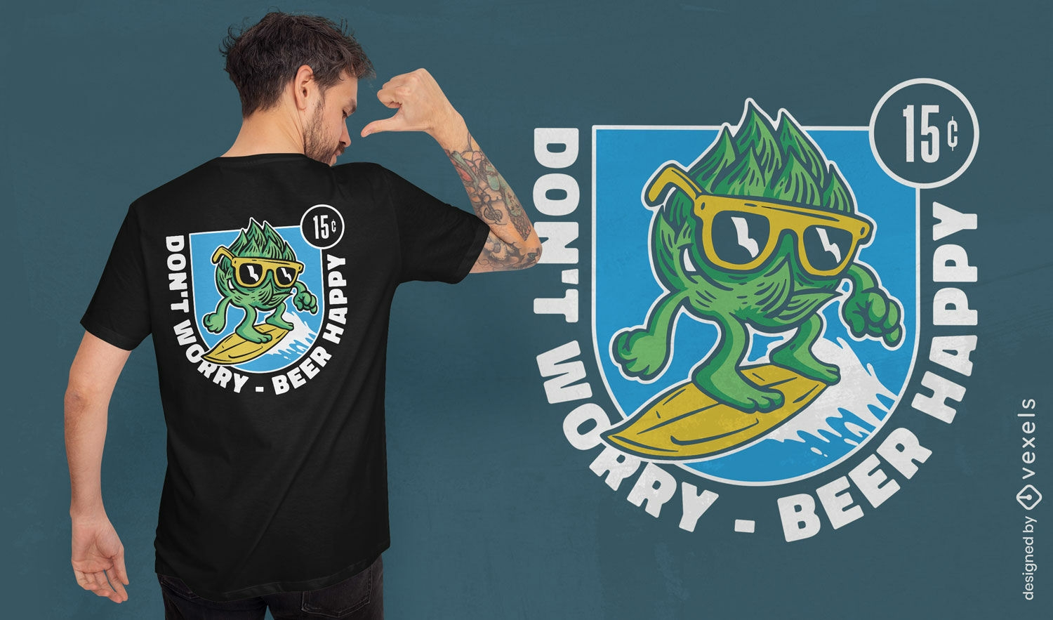 Design de t-shirt de desenho animado de cerveja de lúpulo de surf