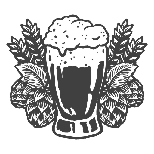 Imagem de um copo de cerveja rodeado de lúpulo Desenho PNG