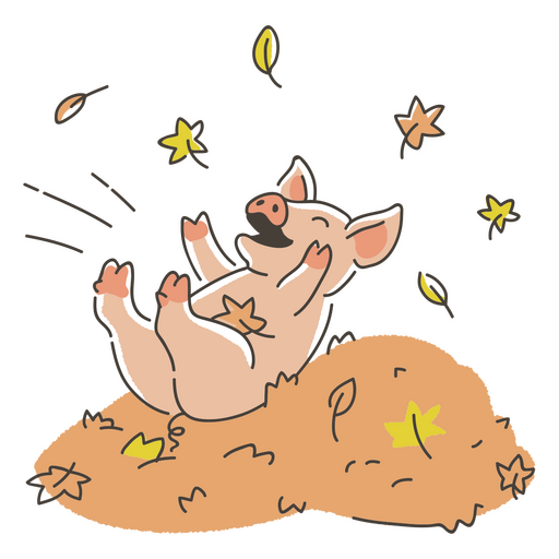 A cute piglet playing joyfully in a pile of leaves PNG Design
