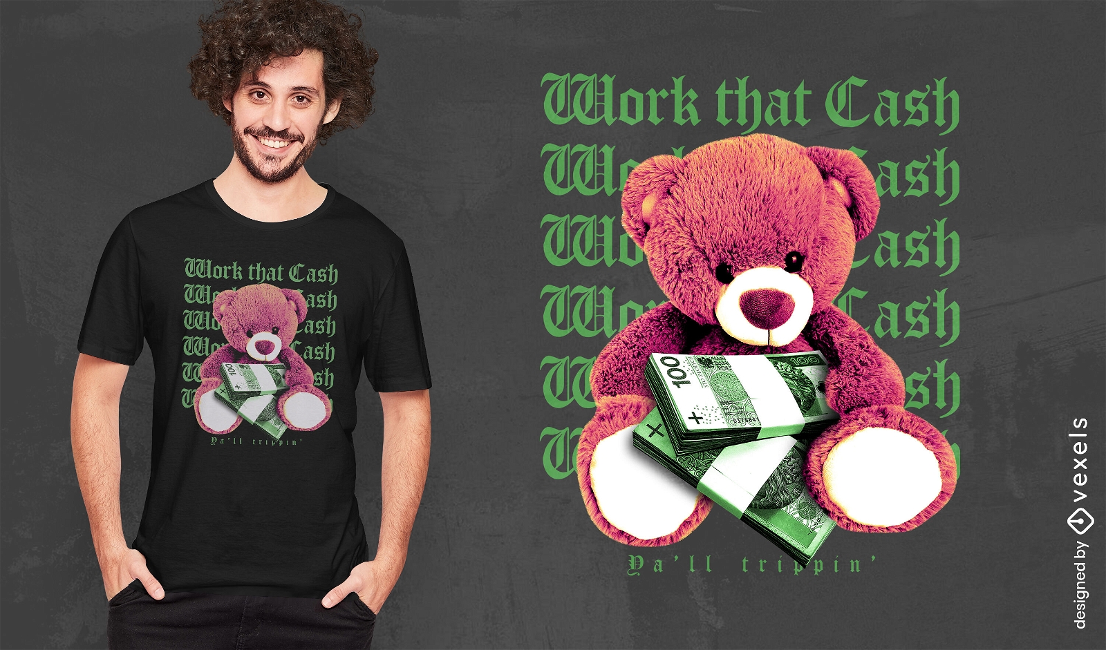 Urso de pelúcia com design de camiseta psd de dinheiro