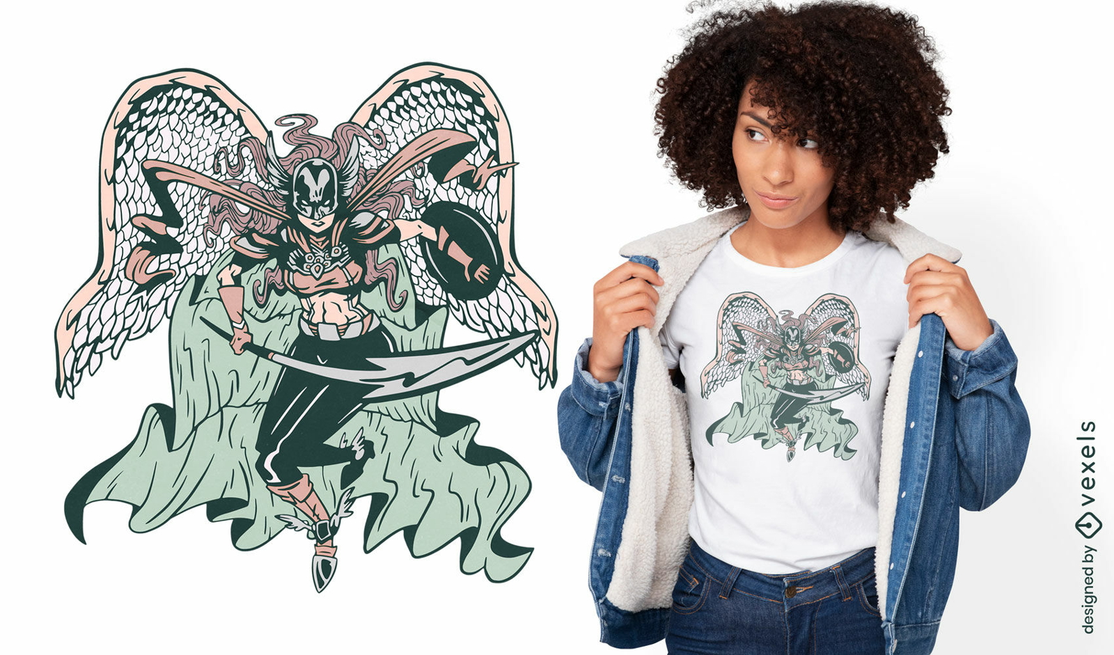 Dise?o de camiseta Valkyrie con alas luchando.