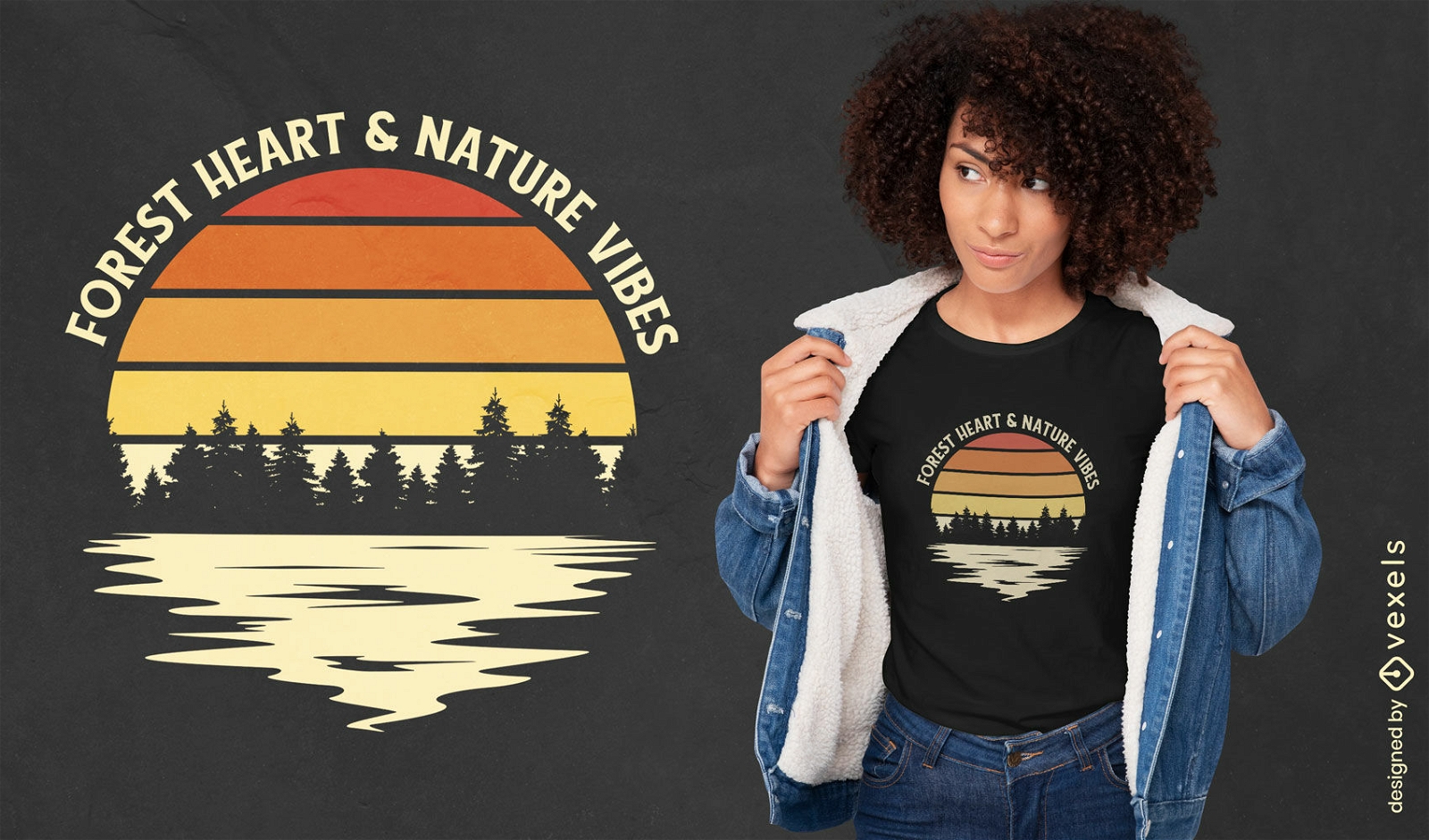 Design de camiseta do pôr do sol retrô da floresta