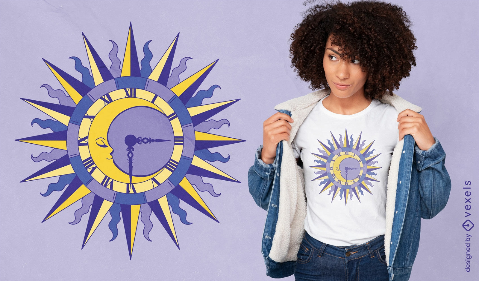 Design de camiseta de relógio de parede lua e sol