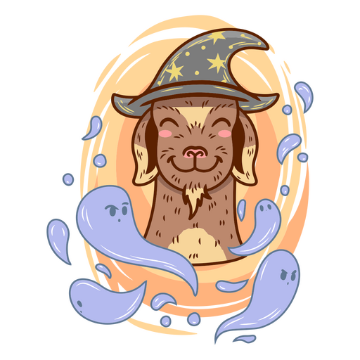 A magical goat wearing a wizard's hat and surrounded by ghosts PNG Design
