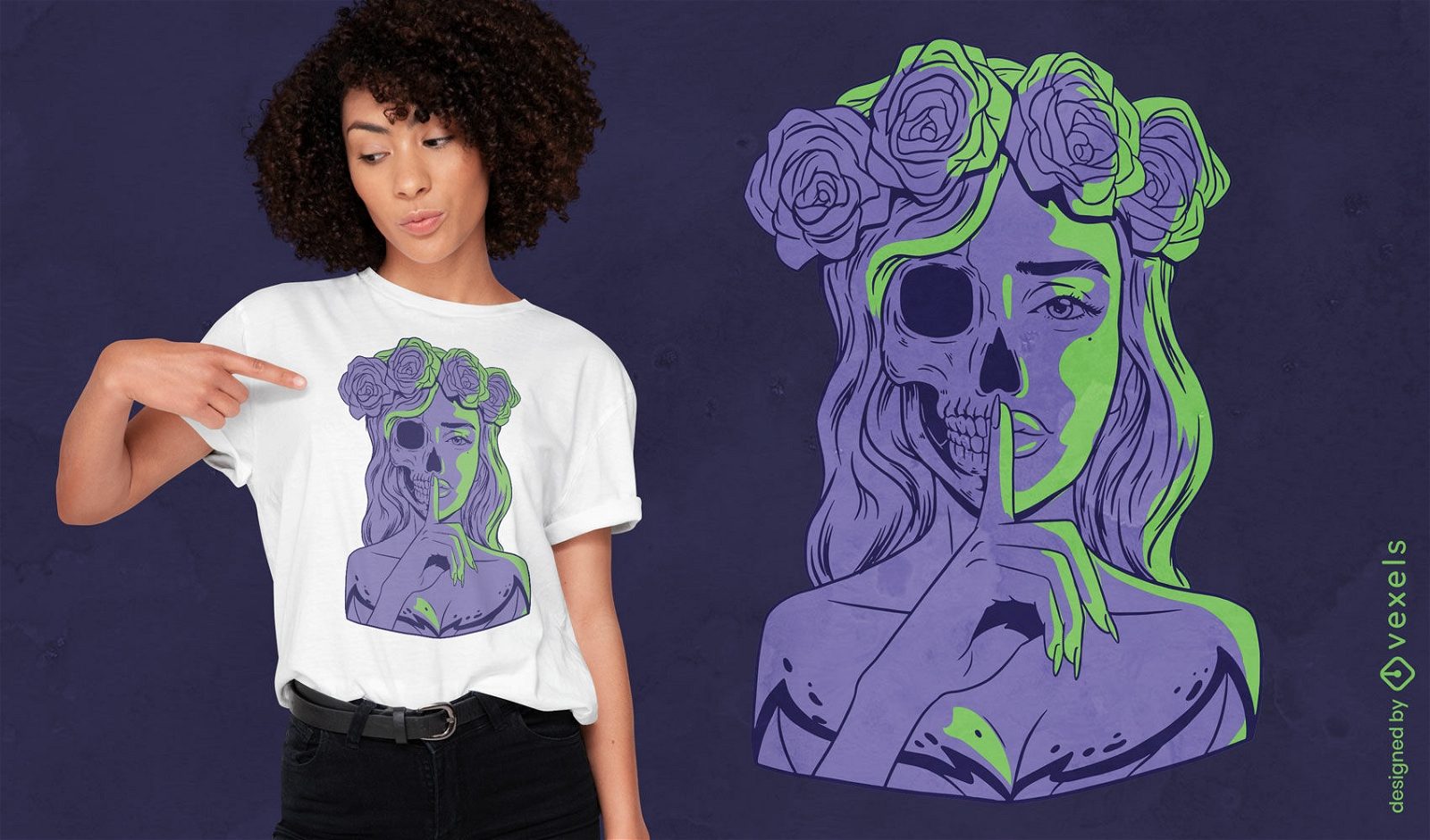 Design de t-shirt de coroa de flores de mulher esqueleto