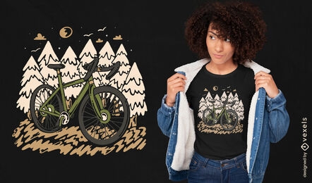 Diseño de camiseta de bicicleta de montaña en el bosque.