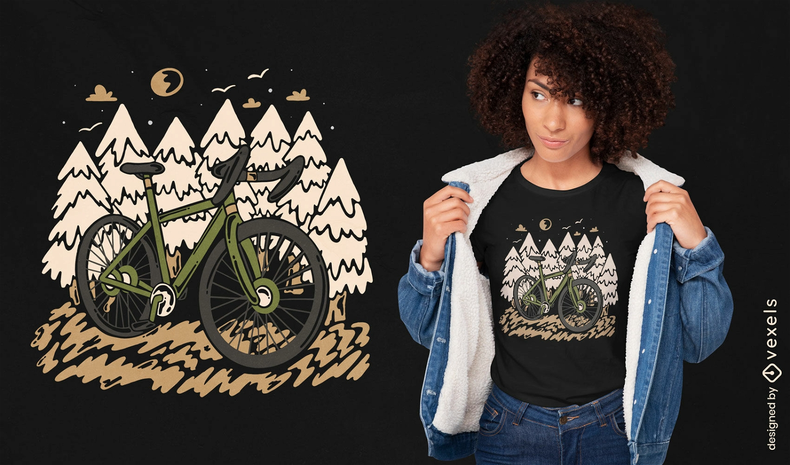 Diseño de camiseta de bicicleta de montaña en el bosque.