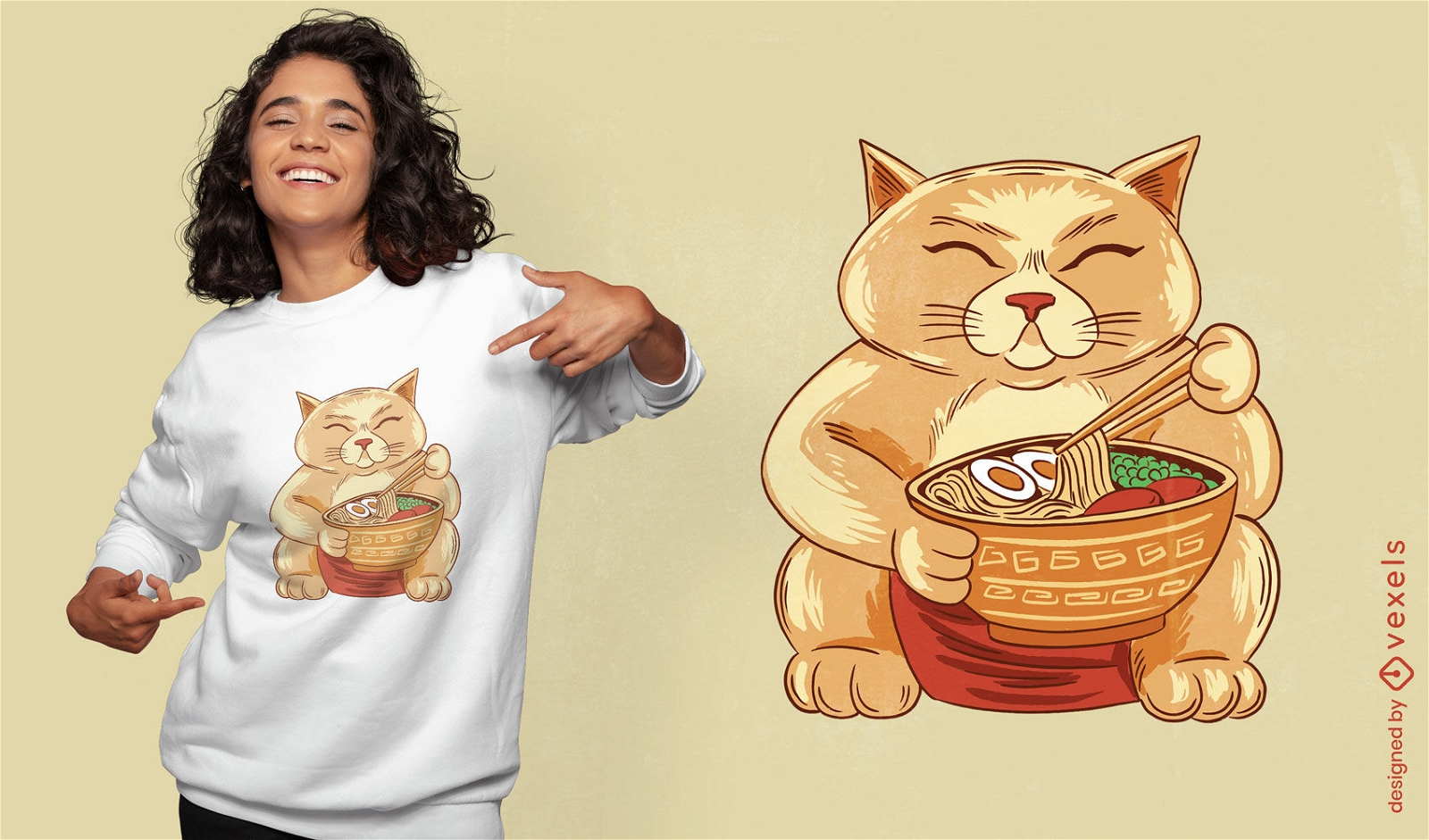 Diseño de camiseta de gato gigante comiendo ramen