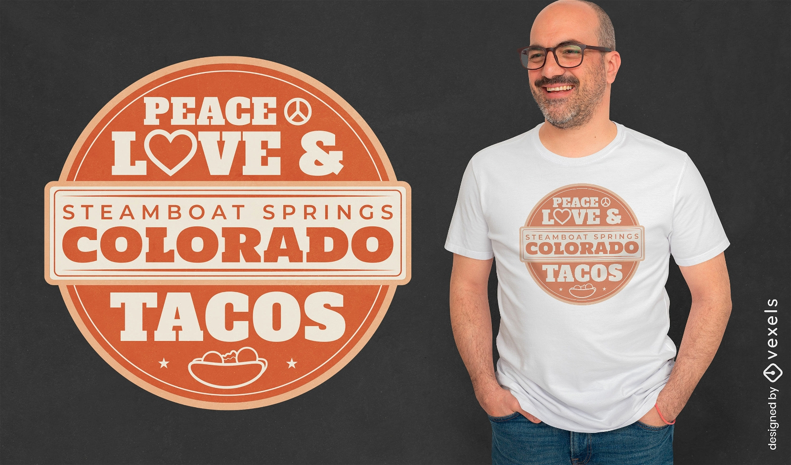 Diseño de camiseta de insignia de tacos y amor de paz