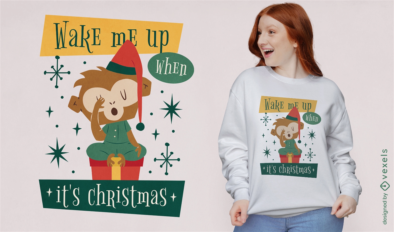 Diseño de camiseta animal mono navideño.