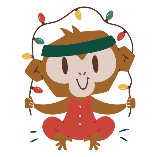Adorable monkey with a string of Christmas lights PNG Design