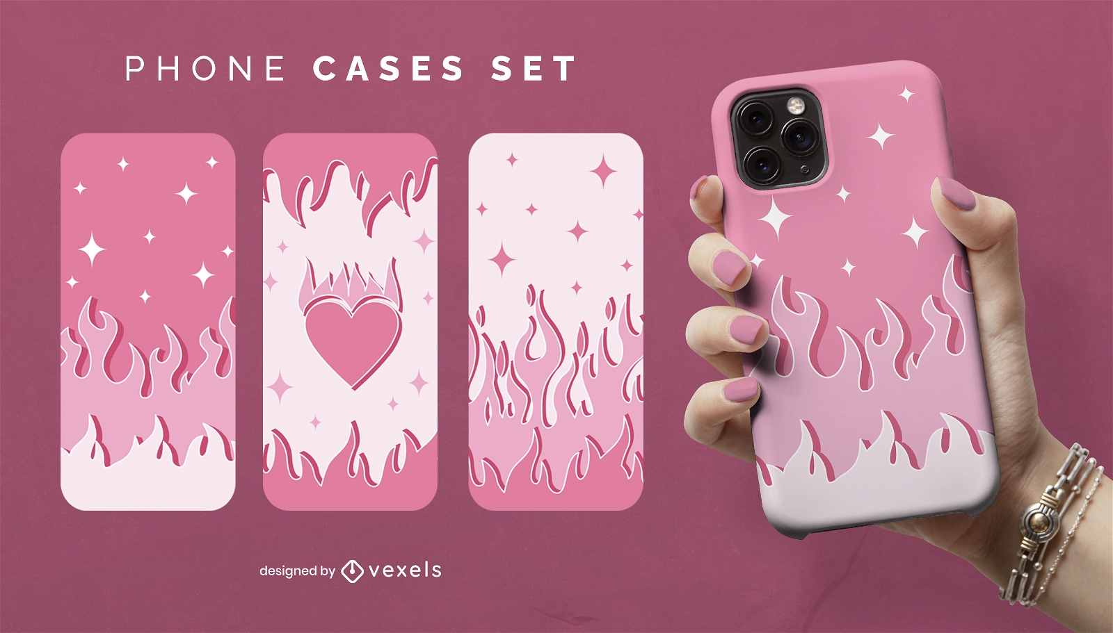 Pink fire and flames feminist phone case set