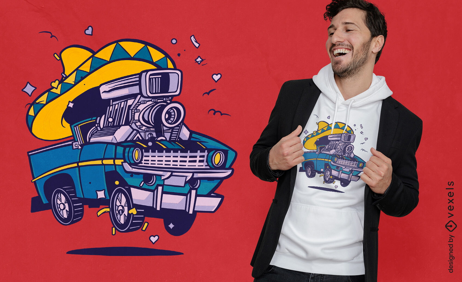 Diseño de camiseta de carro con sombrero mexicano