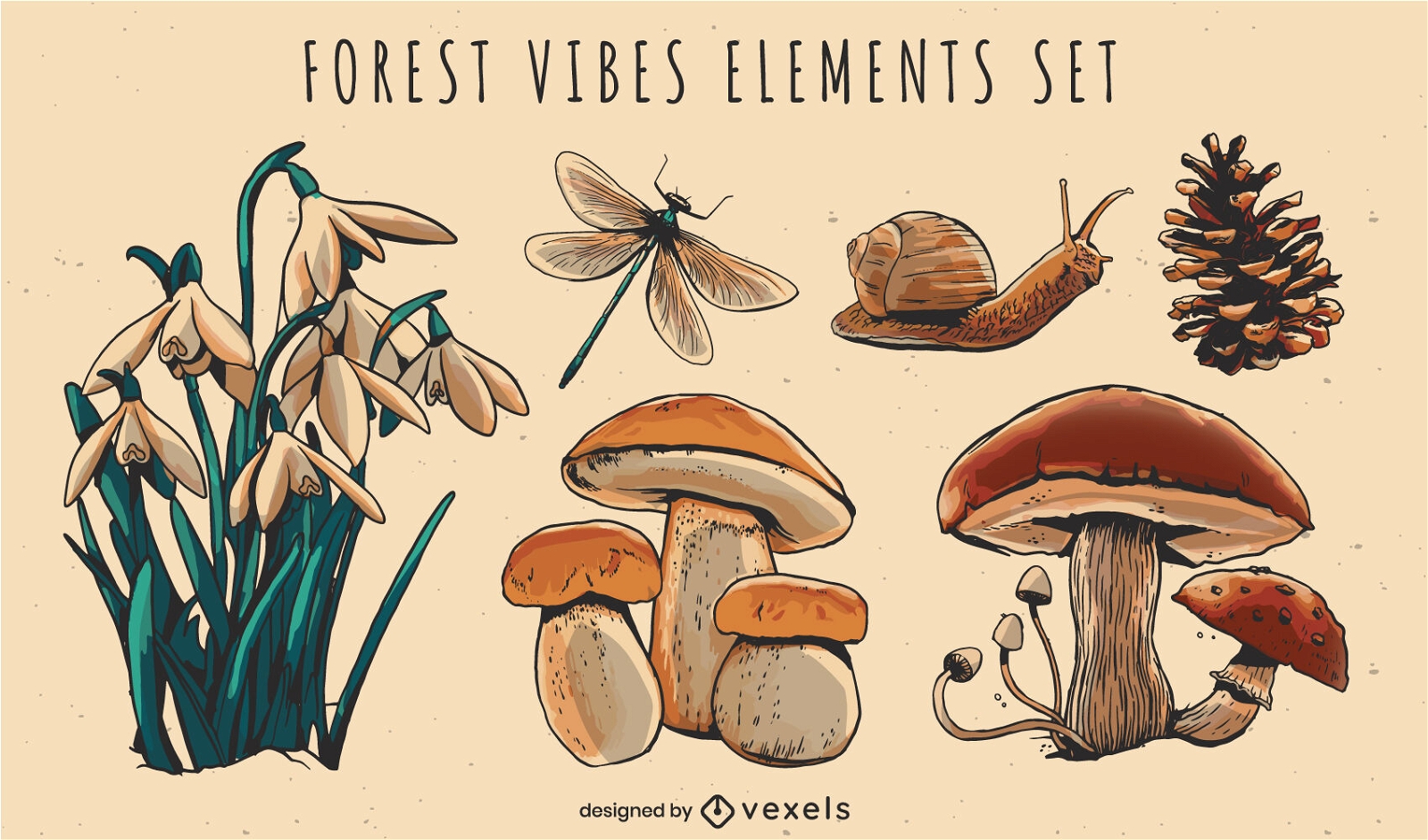 Conjunto de natureza realista de cogumelos e flores