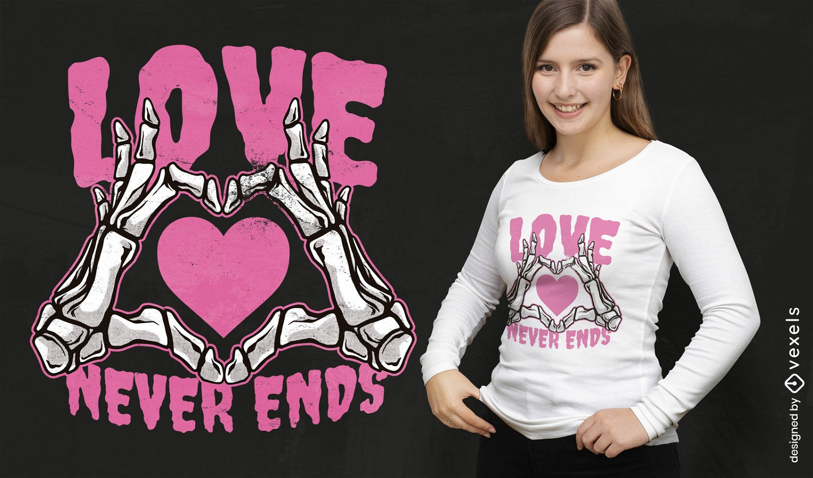 Mãos de esqueleto fazendo design de camiseta de coração