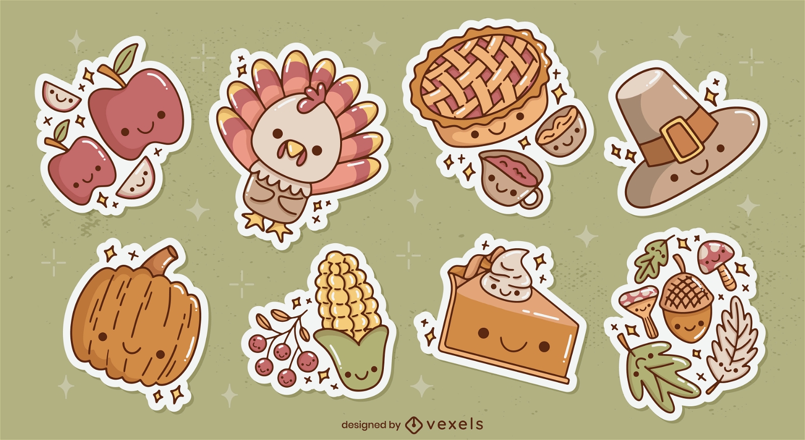 Niedliche Thanksgiving-Charaktere-Sticker-Set